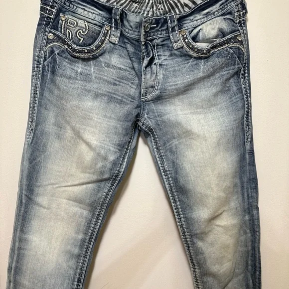 Women's Rock Revival "Ferry" Skinny Ankle Embroidered Blue Jeans Size 31 - Picture 4 of 8